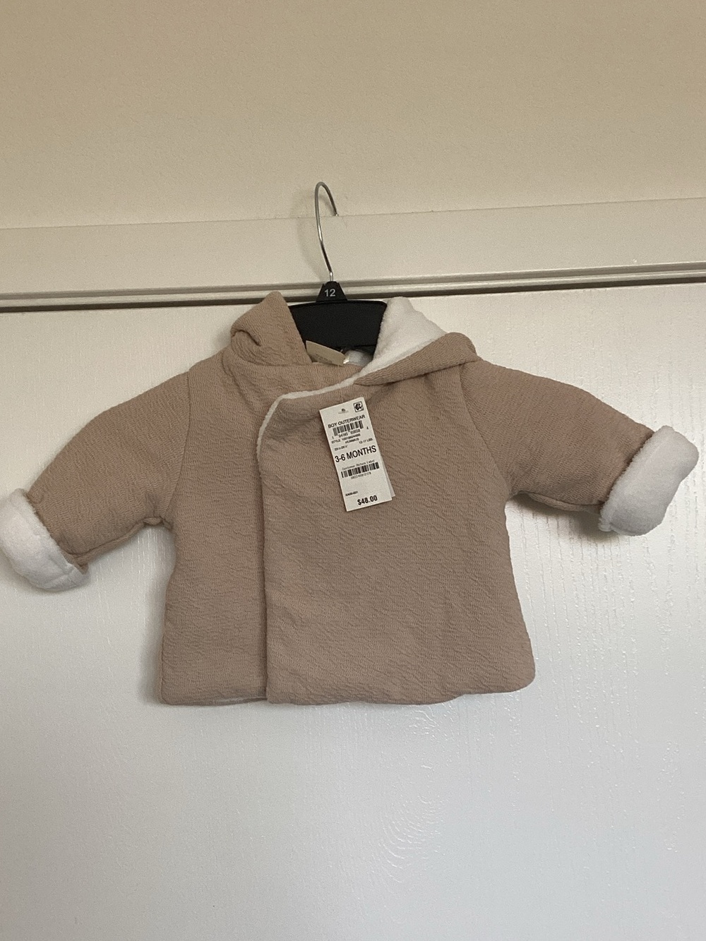 First Impressions Hooded Baby Jacket in Light Beige with Faux Fur Trim